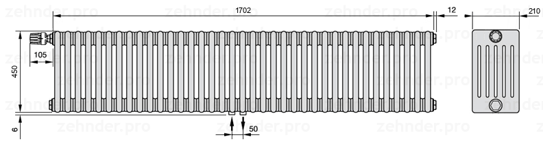 Схема (чертеж) Радиатор Zehnder Charleston 6045/37 №V007 Белый глянцевый RAL 9016